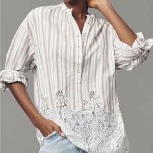 Anthropologie Pilcro White Stripe Long-Sleeve Lace Trim Tunic Top Size Large